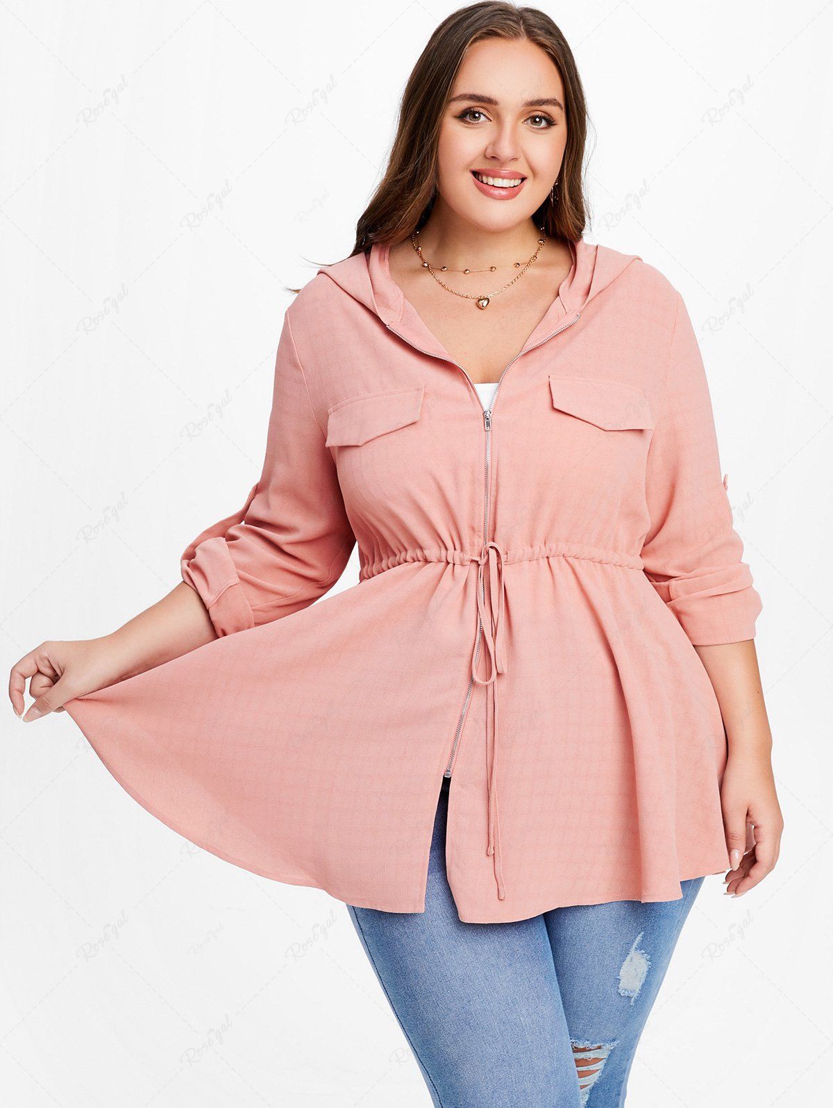 Unique Plus Size Hooded Zipper Drawstring Waisted Roll Tab Sleeves Solid Coat  