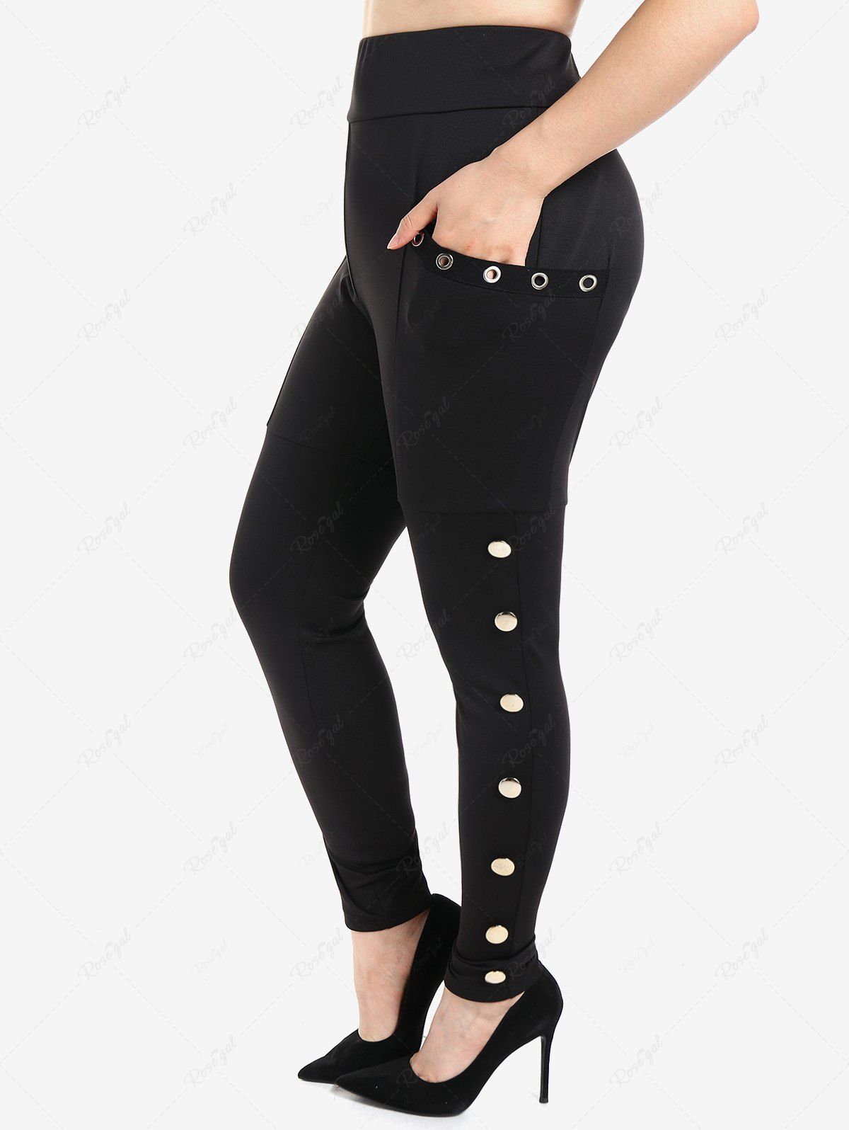 Pantalon Moulant Gothique Orné D'Œillets et de Poches Grande-Taille Noir S | US 8