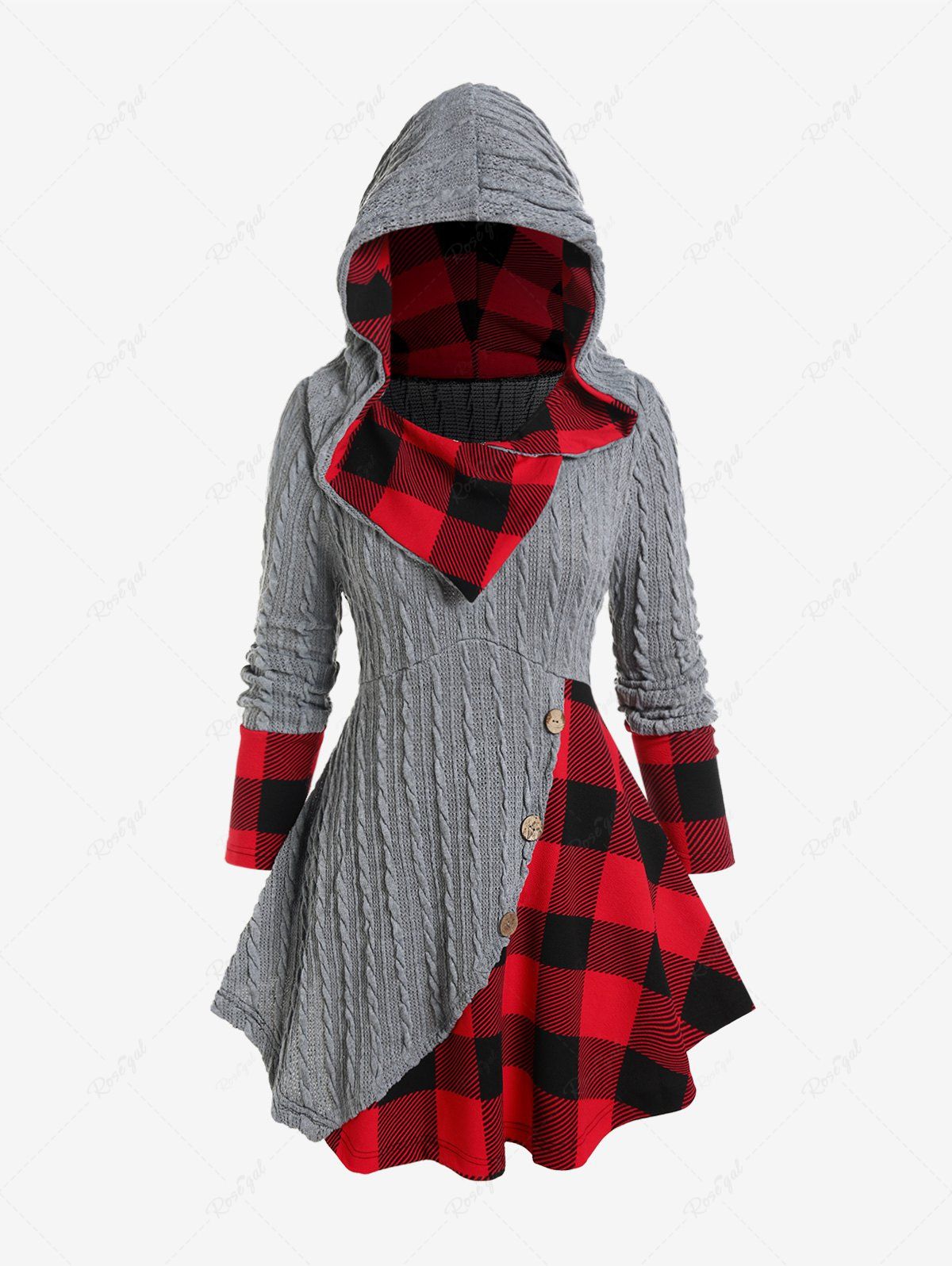 Sale Plus Size Hooded Cable Knit Panel Mixed Media Plaid Top  