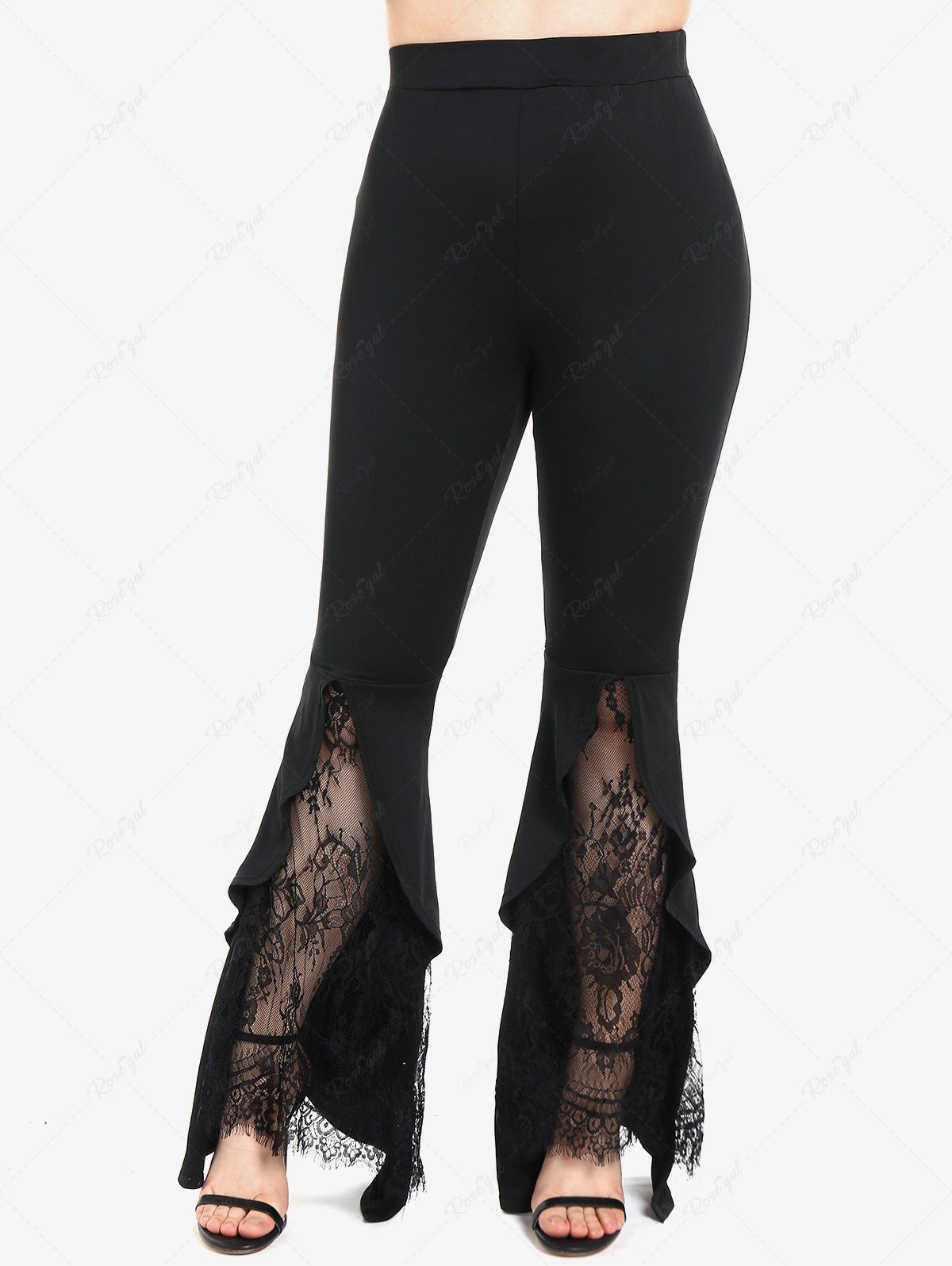 Latest Plus Size Lace Panel Flounce Pull On Flare Pants  