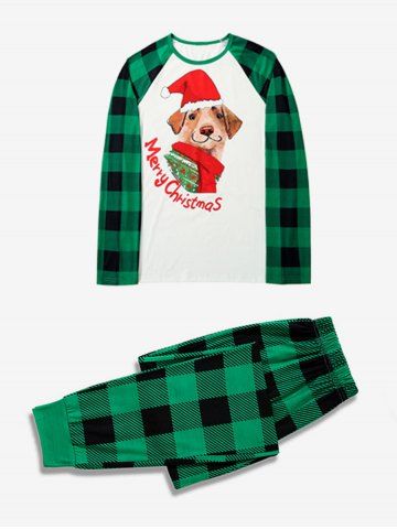 Men Merry Christmas Dog Printed Plaid Raglan Sleeves Graphic Tee Pajamas Set