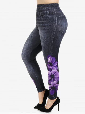 Plus Size Floral Print 3D Denim Skinny Jeggings