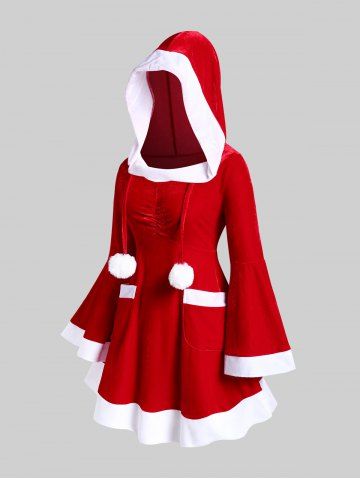 Plus Size Two Tone Balls Flare Sleeves Hooded Christmas Mini Dress with Pockets - RED - L | US 12