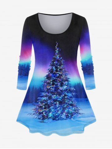 Plus Size Christmas Tree Print Ombre T-shirt - BLUE - 1X | US 14-16
