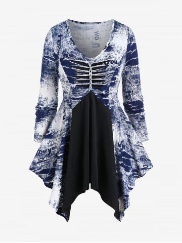 Plus Size Tie Dye Letter Print Ripped Hanky Hem Top - DEEP BLUE - M | US 10
