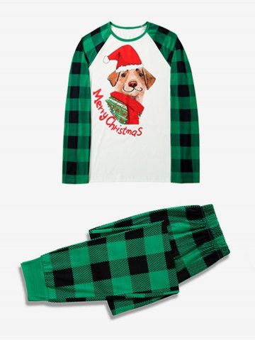 Men Merry Christmas Dog Printed Plaid Raglan Sleeves Graphic Tee Pajamas Set - DEEP GREEN - XXL