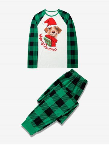 Merry Christmas Letters Dog Printed Plaid Raglan Sleeves Pajamas Tee and Pants Set - DEEP GREEN - M