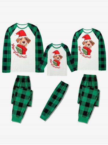 Kids Merry Christmas Dog Printed Plaid Raglan Sleeves Tee Pajamas Set - DEEP GREEN - 4 - 5 YEARS