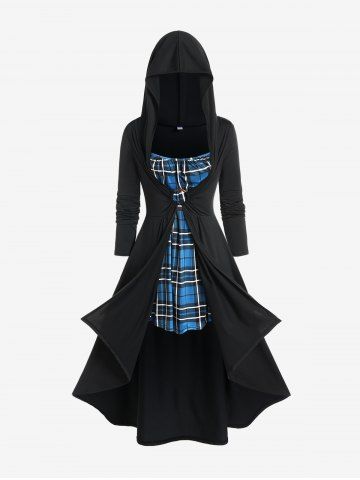 Plus Size Hooded Plaid High Low 2 in 1 Longline Top - BLACK - L | US 12