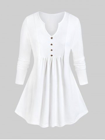 Camiseta de Botón de Color Sólido con Cuello Pico - WHITE - 5X | US 30-32
