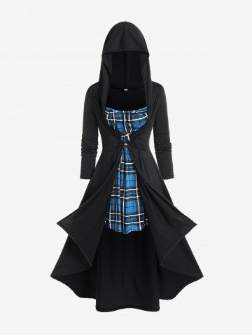 Plus Size Hooded Plaid High Low 2 in 1 Longline Top - BLACK - M | US 10