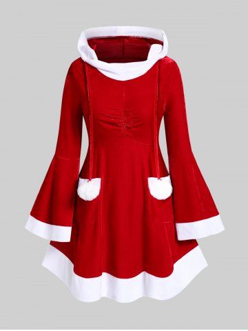 Plus Size Two Tone Balls Flare Sleeves Hooded Christmas Mini Dress with Pockets