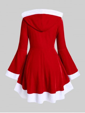 Plus Size Two Tone Balls Flare Sleeves Hooded Christmas Mini Dress with Pockets