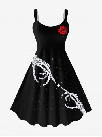 Gothic Rose Skeleton Print Fit and Flare Dress - BLACK - 4X | US 26-28