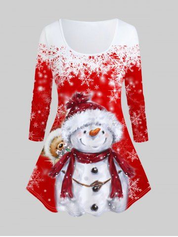 Plus Size Snowflake Bear Snowman Print Christmas T-shirt - RED - 2X | US 18-20
