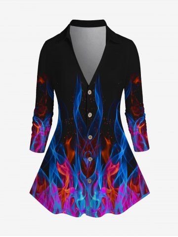 Plus Size Long Sleeves Flame Printed Plunging Shirt - BLUE - S | US 8