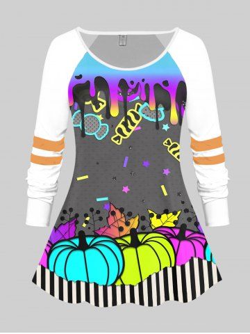 Halloween Pumpkins Stripes Candy Star Printed Colorblock Raglan Sleeves Tee - WHITE - L | US 12