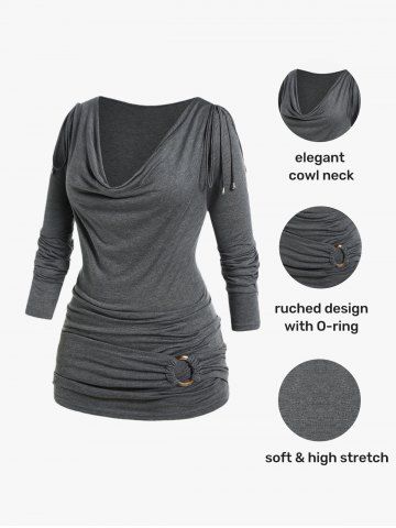 Plus Size Long Sleeve Cowl Neck O Ring Ruched T-shirt