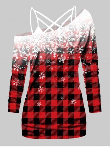 Plain Lattice Strap Cami Top And Plaid Snowflake Print T Shirt Christmas Top - RED - M