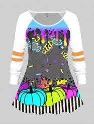 Halloween Pumpkins Stripes Candy Star Printed Colorblock Raglan Sleeves Tee -  