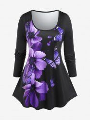 Plus Size Long Sleeve Flower Butterfly Print T-shirt -  