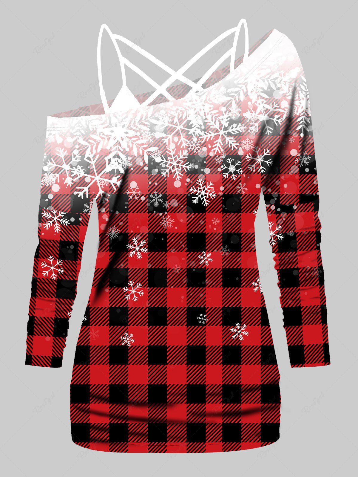 Top Simple à Bretelle à Imprimé Flocon de Neige à Carreaux et de T-Shirt de Noël en Treillis Rouge XL