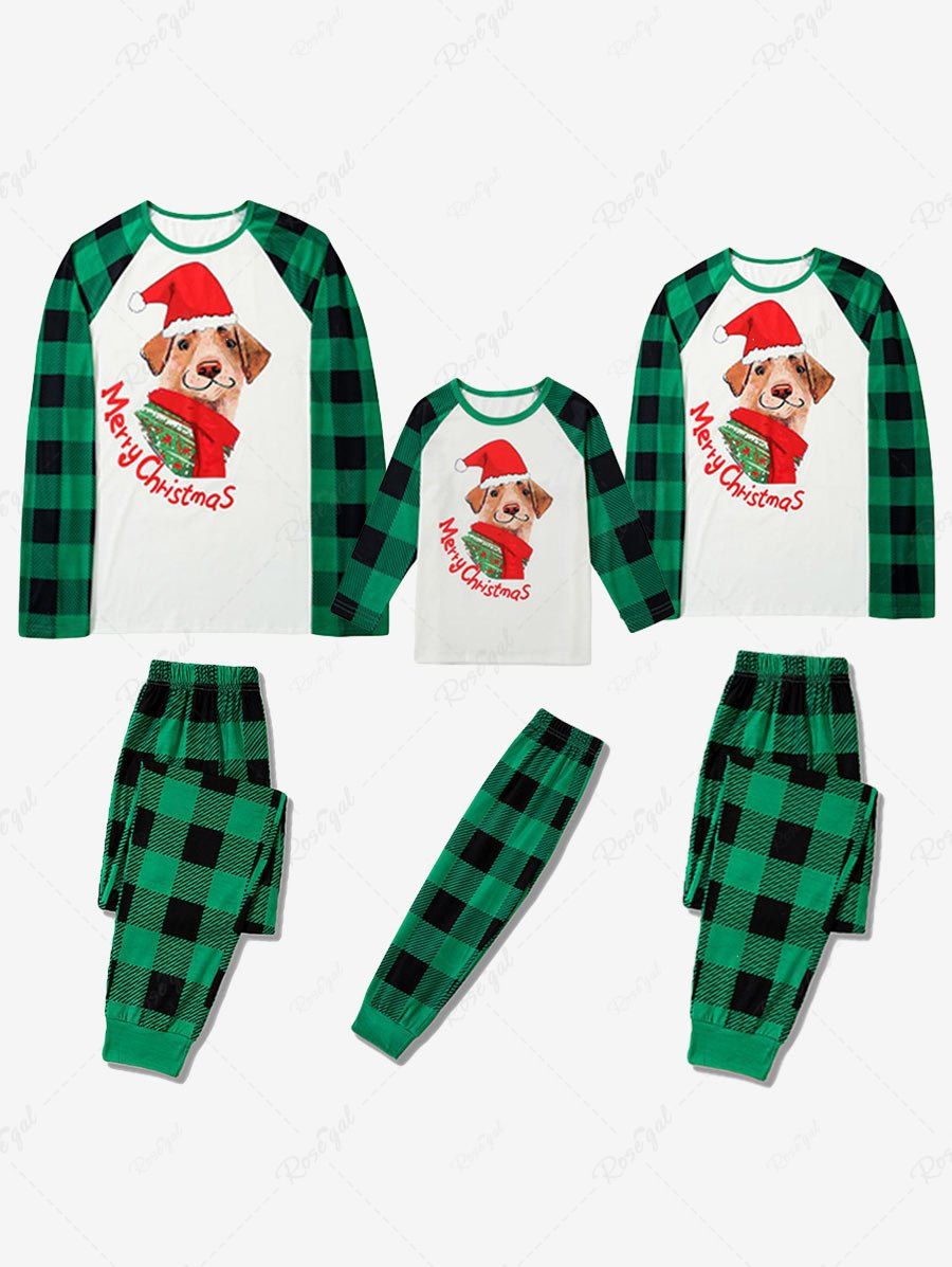 Trendy Kids Merry Christmas Dog Printed Plaid Raglan Sleeves Tee Pajamas Set  