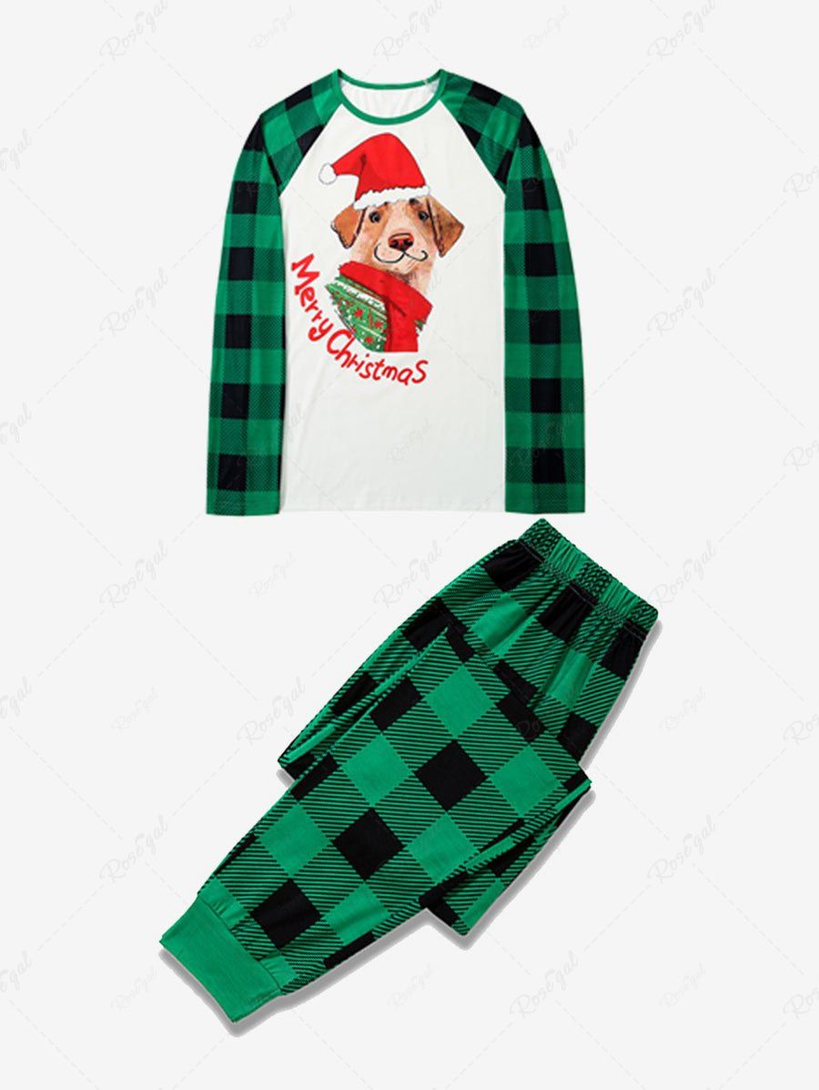Fancy Merry Christmas Letters Dog Printed Plaid Raglan Sleeves Pajamas Tee and Pants Set  