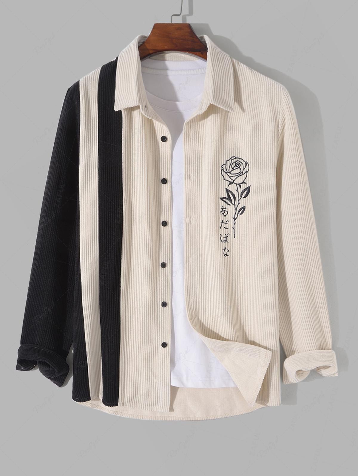 Fancy Colorblock Rose Embroidered Long Sleeve Corduroy Shirt  