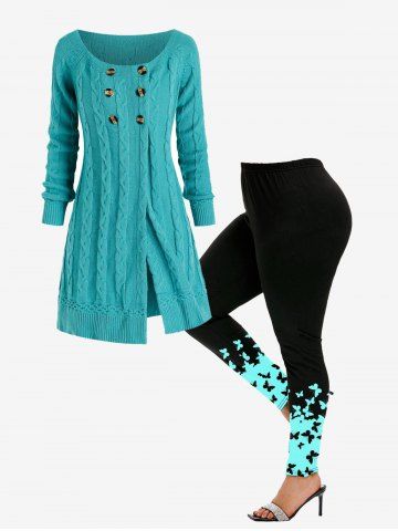 Cable Knit Mock Button Long Sweater and Butterfly Print Colorblock Legging Plus Size Outerwear Outfit