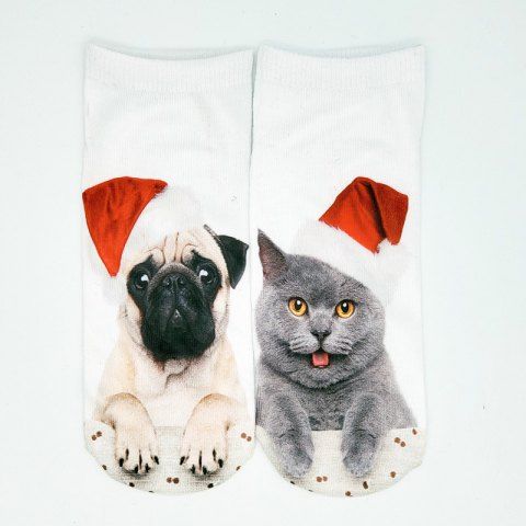 Christmas Puppy and Cat 3D Digital Printing Socks - WHITE