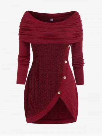 Plus Size Convertible Neck Cable Knit Panel Slit Top - RED - L | US 12