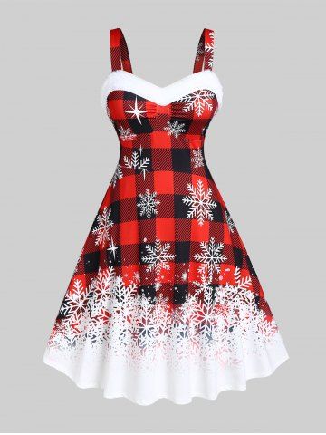 Plus Size Plaid Snowflake Print Christmas Midi Dress - RED - L | US 12