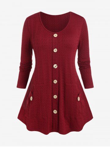 Plus Size Chain-knit Buttoned Front Pocket Top - DEEP RED - 2X | US 18-20