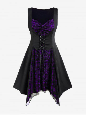 Gothic Skull Lace Overlay Lace-up Asymmetrical Sleeveless Midi Dress - BLACK - 2X | US 18-20