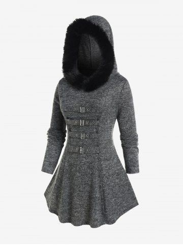 Haut Tricoté à Capuche Chiné Bouclé Panneau en Fausse Fourrure de Grande Taille - DARK GRAY - 3X | US 22-24