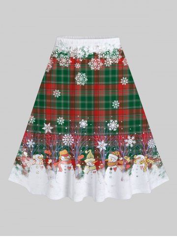 Plus Size Christmas Plaid Snowman Snowflake Print Skirt - DEEP GREEN - 3X | US 22-24