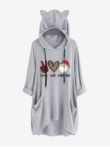 Plus Size Christmas Graphic Print Cat Ear High Low Hoodie - GRAY - M