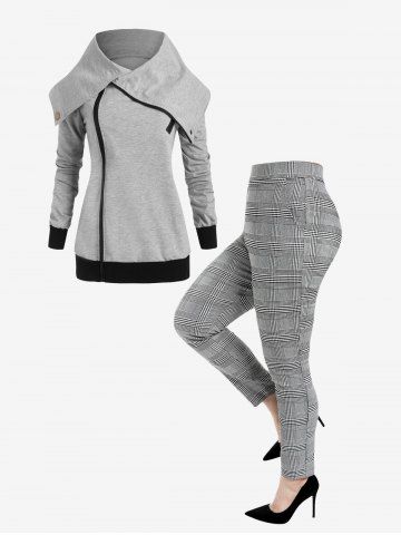 Side Zipper Jacket and High Waist Plaid Tapered Pants Plus Size Outerwear Outfit - LIGHT GRAY