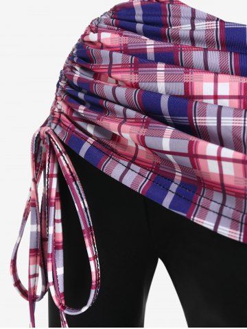 Plus Size Cinched Ruched Skew Neck Plaid Panel Lace Hem Asymmetrical Long Sleeve Top