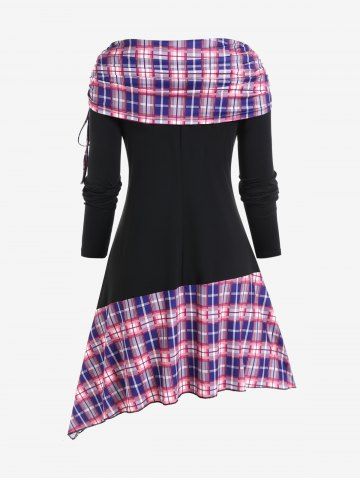 Plus Size Cinched Ruched Skew Neck Plaid Panel Lace Hem Asymmetrical Long Sleeve Top