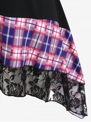 Plus Size Cinched Ruched Skew Neck Plaid Panel Lace Hem Asymmetrical Long Sleeve Top