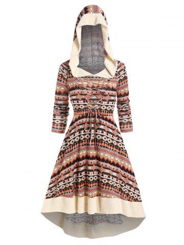 Ethnic Style Printed Faux Fur Lace Up Textured Panel A Line Midi Hooded Dress - COFFEE - XL