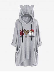 Plus Size Christmas Graphic Print Cat Ear High Low Hoodie -  