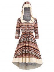 Ethnic Style Printed Faux Fur Lace Up Textured Panel A Line Midi Hooded Dress -  