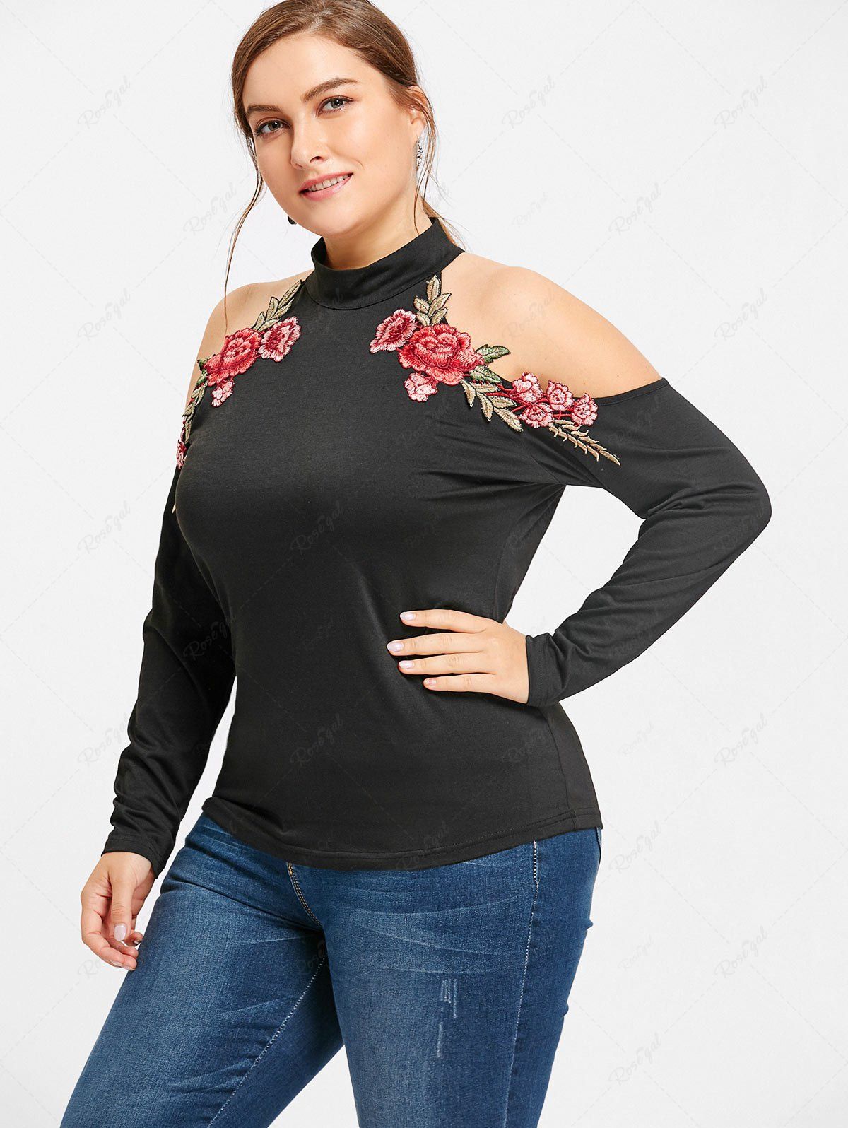 Unique Plus Size Mock Neck Floral Embroidered Cold Shoulder T-shirt  