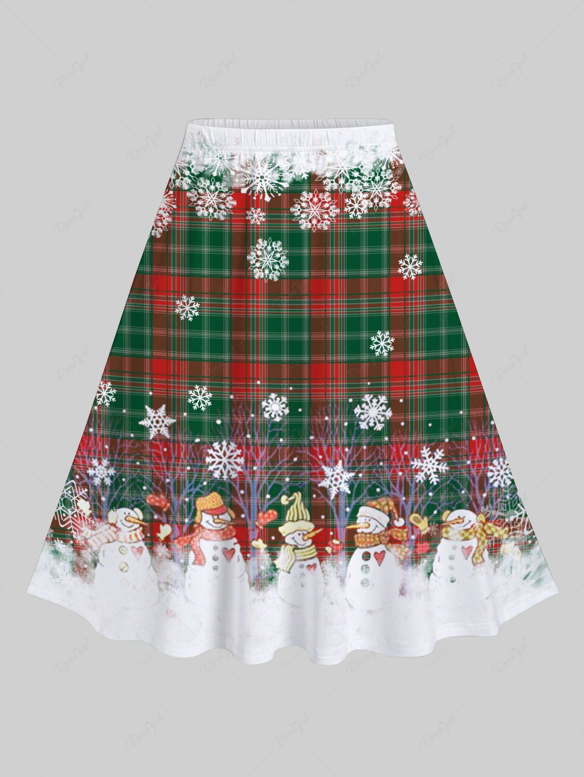 Online Plus Size Christmas Plaid Snowman Snowflake Print Skirt  