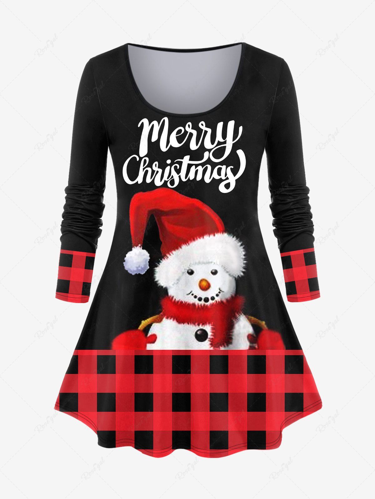 T-shirt de Noël à Imprimé Bonhomme de Neige à Carreaux de Grande Taille Noir 4X | US 26-28