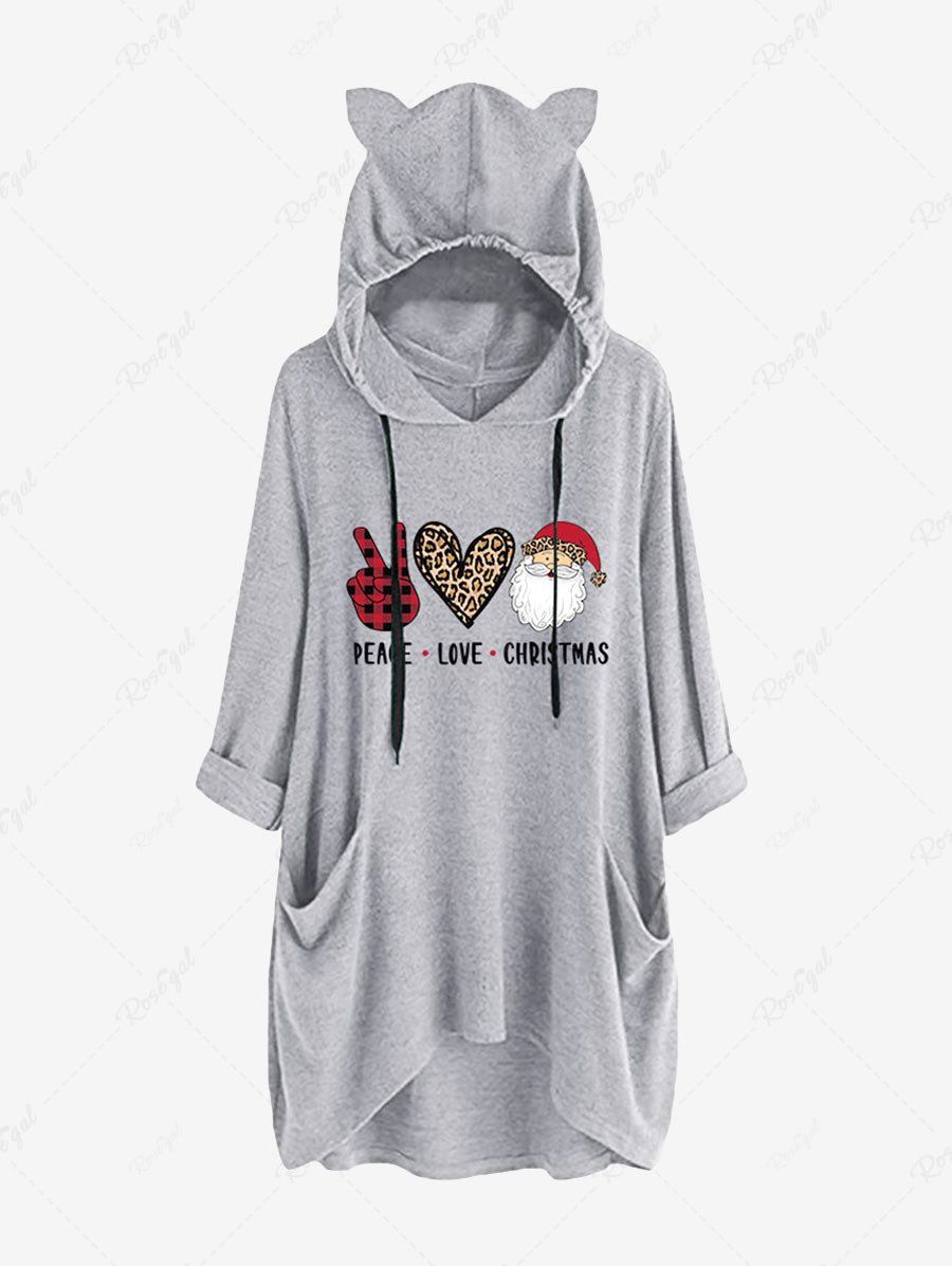 Chic Plus Size Christmas Graphic Print Cat Ear High Low Hoodie  
