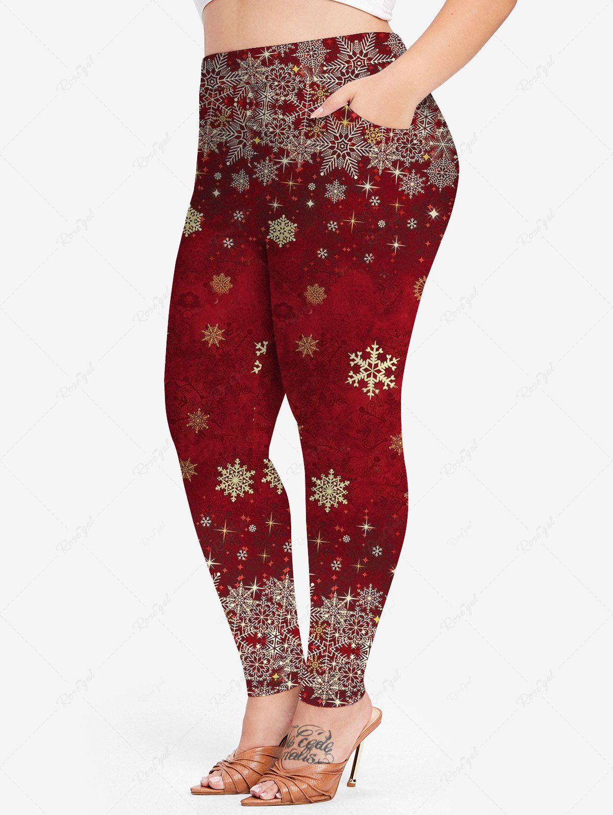 Hot Plus Size Snowflake Print Pockets Flocking Lined Skinny Christmas Leggings  
